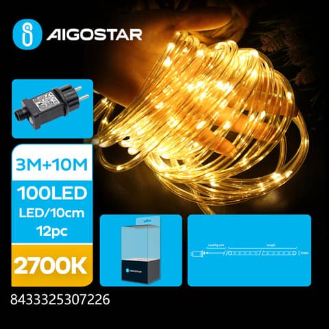 Catena luminosa tubolare per interni ed esterni a basso voltaggio Aigostar luce calda 2700K 10 m 100 led – 307226