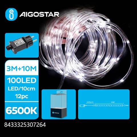 Catena luminosa tubolare per interni ed esterni a basso voltaggio Aigostar luce fredda 6500K 10 m 100 led – 307264