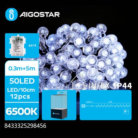 Catena luminosa a batteria Aigostar per interni ed esterni con lampadine a sfera luce fredda 6500K 50 led 5 m – 298456