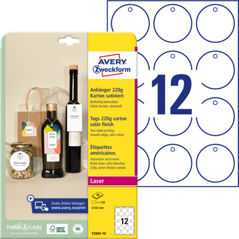 Cartellini micro-perforati Avery in cartoncino tondo da 220 g bordi lisci in conf. da 120 pz Ø60 mm – T2004-10