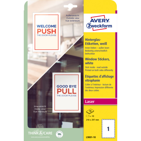Adesivi per finestre Avery in carta con pellicola plastificatrice in conf. da 10 pz 210×297 mm – L9001-10