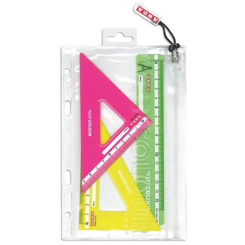 Miniset 3 pezzi da disegno in busta con zip Arda – 2 squadre 45°e 60° + 1 righello 16 cm – KC7063