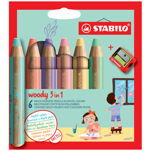 Matite colorate Stabilo Woody 3 in 1 punta larga conf. 6 colori Pastel assortiti 8806-3