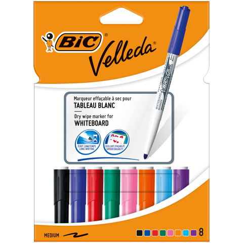 Marcatore per lavagne bianche BIC Velleda 1741 punta conica 1,4 mm in conf. da 8 colori assortiti – 503844