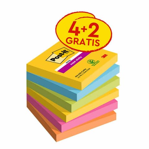 Foglietti Post-it® Super Sticky Carnival 76x 76 mm conf. 4 blocchetti + 2 gratis da 90 ff – 7100259230