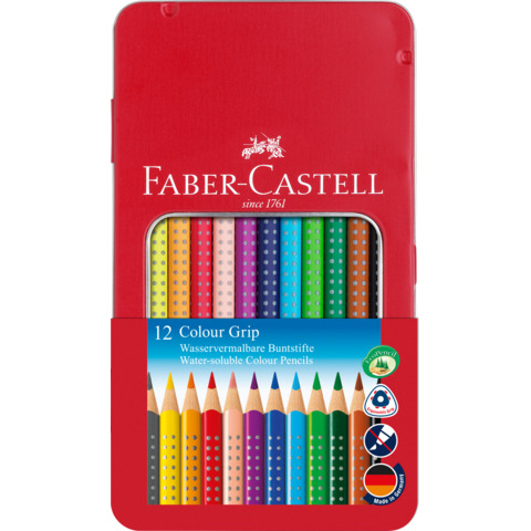 Matite colorate Faber-Castell Colour Grip astuccio di metallo – colori assortiti – conf. 12 pezzi – 112413