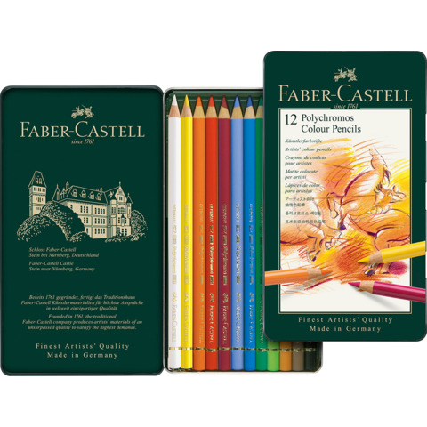 Matite colorate permanenti Faber Castell Polychromos mina 3,8 mm box metallo – colori assortiti conf. 12 pezzi – 110012
