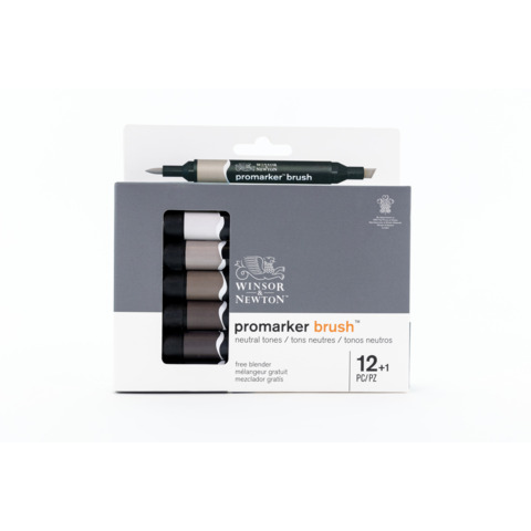 Pennarelli Winsor&Newton Promarker Brush doppia punta scalpello-pennello – conf. 12 colori grigi + 1 blender – 0290144