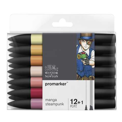 Pennarelli Winsor&Newton Promarker doppia punta fine-larga – 12 colori assortiti manga steampunk – 0290143