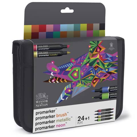 Astuccio pennarelli Winsor&Newton Promarker doppia punta fine-larga – assortiti – conf. 24 pezzi – 0290037