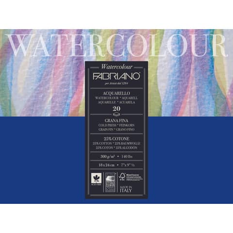 Blocco collato Fabriano Watercolour grana fine 20 fogli 18×24 cm – 300 g – 73611824
