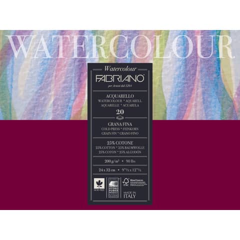 Blocco collato Fabriano Watercolour grana fine 20 fogli 24×32 cm – 200 g – 72612432