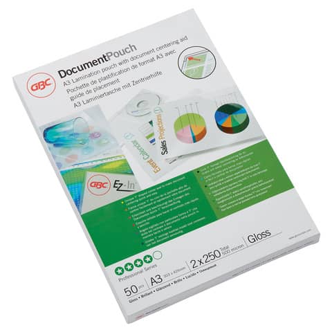 Pouches per plastificatrici a caldo GBC 2×250 µm A3 finitura lucida – conf. 50 pz – 3740450