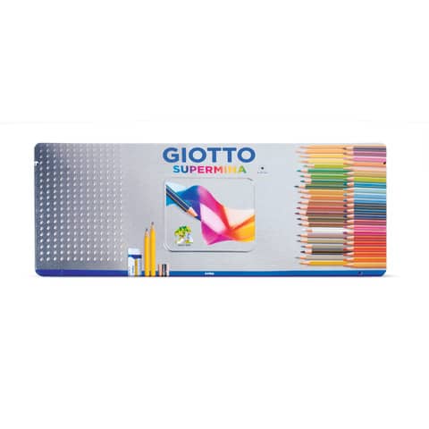 Matite colorate Giotto Supermina in scatola di metallo conf. 46 colori assortiti + 4 accessori – F237500