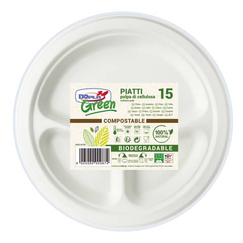 Piatti in polpa di cellulosa Dopla Green a 3 scomparti Ø 254 mm bianco – conf. 15 pz – 7744