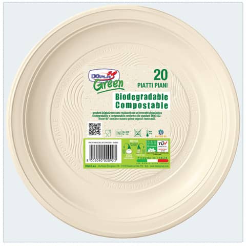 Piatti piani biodegradabili e compostabili Dopla Green avorio Ø 205 mm – conf. 20 pz – 11796