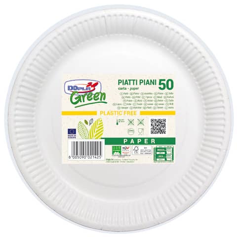 Piatti piani carta fibra vergine Dopla Green – Ø 230 mm bianco – conf. 50 pz – 11801