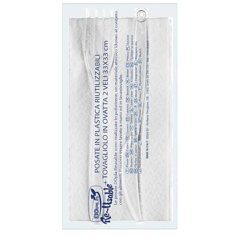 Set 2 posate trasparenti Dopla Reusable in PS con tovagliolo 33×33 cm – conf. 100 pz – 03943