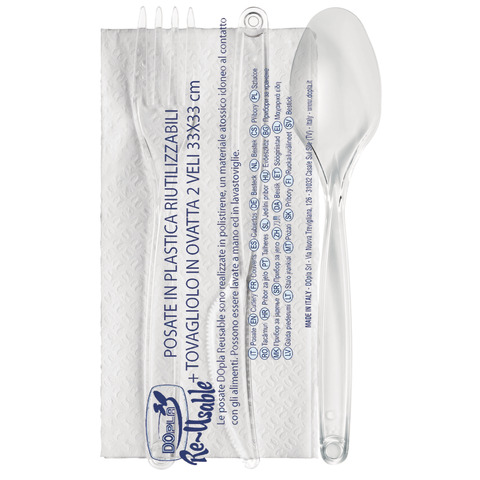 Set 3 posate trasparenti Dopla Reusable in PS con tovagliolo 33×33 cm – conf. 100 pz – 03944