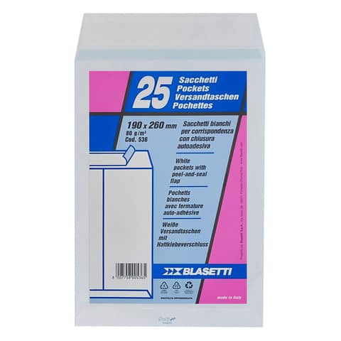 Busta a sacco Blasetti Self bianco – 80 g/m² – in conf. 25 buste – 190×260 mm 536