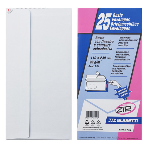 Buste Blasetti STRIP 90 g/m² bianco – conf. 25 pz – 110×230 mm – 551