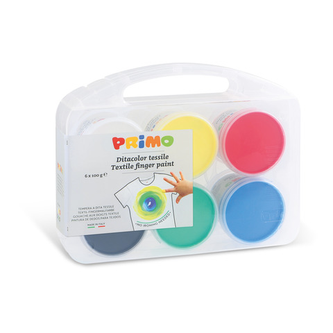 Tempera a dita per tessuti Primo 100 g – valigetta 6 colori primari in vasetti in polipropilene – 228TXD100SP