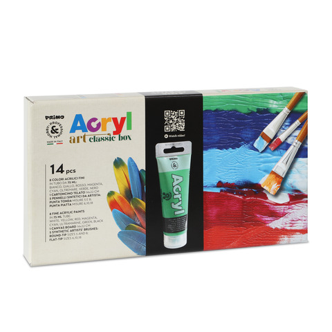 Colore acrilico Primo in bottiglia PET tappo dosatore 75 ml 8 colori assortiti + 5 pennelli assortiti – 4201BOX3