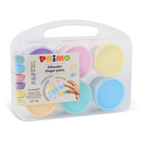 Tempera a dita Primo 100 g – valigetta 6 colori assortiti pastello in vasetti in polipropilene – 2212TD6PAST