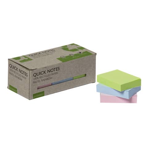 Foglietti riposizionabili riciclati Q-Connect 38×51 mm assortiti pastello – conf. 12 blocchetti da 100 ff – KF17326