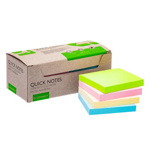 Foglietti riposizionabili riciclati Q-Connect 76×76 mm assortiti pastello – conf. 12 blocchetti da 100 ff – KF17324