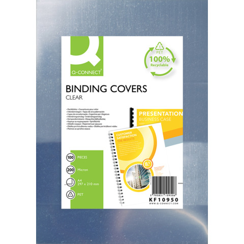 Copertine lucide per rilegatura Q-Connect in PET A4  200 micron – conf. 100 pezzi – KF10950