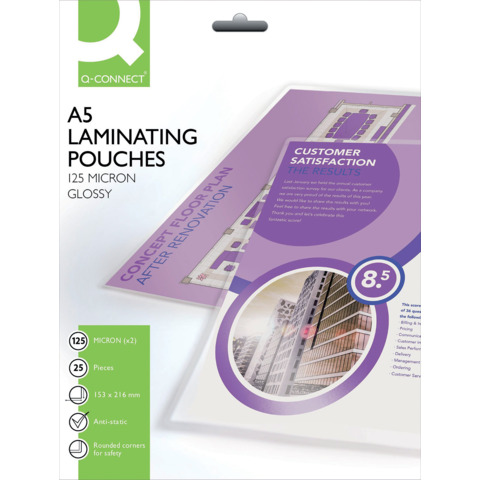 Pouches per plastificatrici Q-Connect 153×216 mm finitura lucida – 125 µm A5  – conf. 25 pz – KF04112