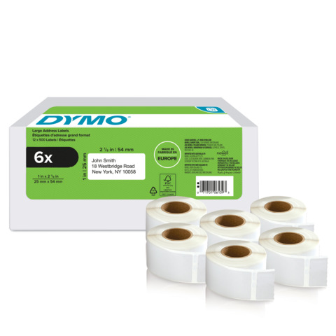 Rotoli da 500 etichette autoadesive Dymo LabelWriter per indirizzi 25×54 mm bianco – conf. 6 pz – 2177564