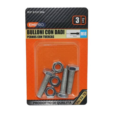 Bulloni con dadi Emi M8 x 30 mm – conf. 3 pezzi – 8101394