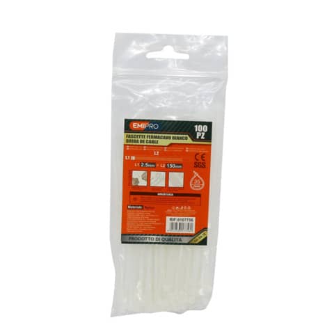Fascette fermacavo in nylon Emi – 150×2,5 mm – colore bianco – conf. 100 pezzi – 8107756