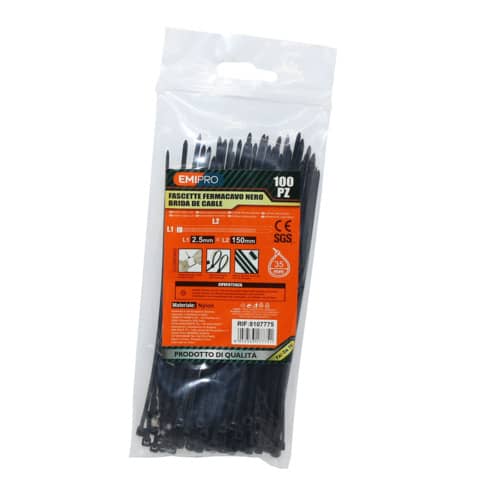 Fascette fermacavo in nylon Emi – 150×2,5 mm – colore nero – conf. 100 pezzi – 8107775