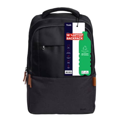 Zaino per laptop Trust Lisboa capacità fino a 16” eco-friendly – nero – 25244
