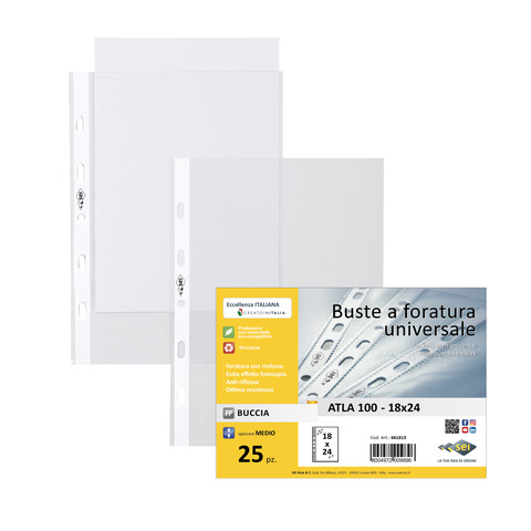 Buste in PP buccia Sei Rota Atla 100 – medio spessore trasparente 18×24 cm – conf. 25 buste – 661815