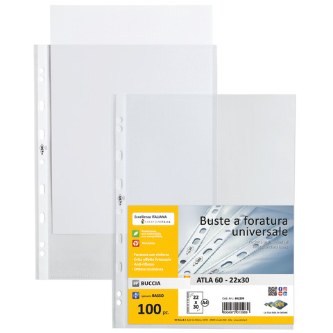 Buste in PP buccia Sei Rota Atla 60 – basso spessore trasparente 22×30 cm – conf. 100 buste – 662209