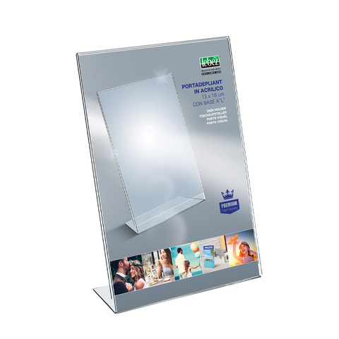 Portadepliant in acrilico con base a L Lebez formato 13×18 cm – verticale – trasparente – 7045