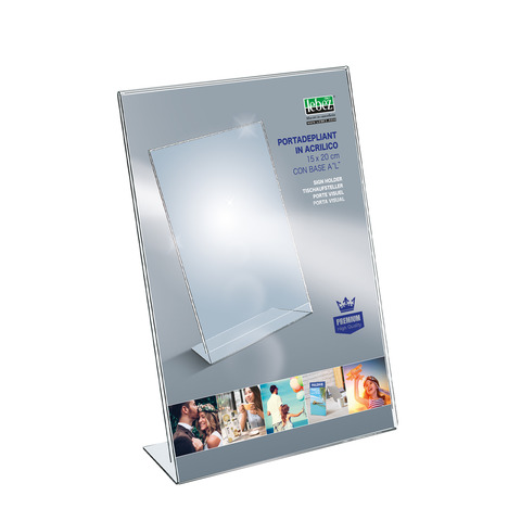 Portadepliant in acrilico con base a L Lebez formato 15×20 cm – verticale – trasparente – 7039