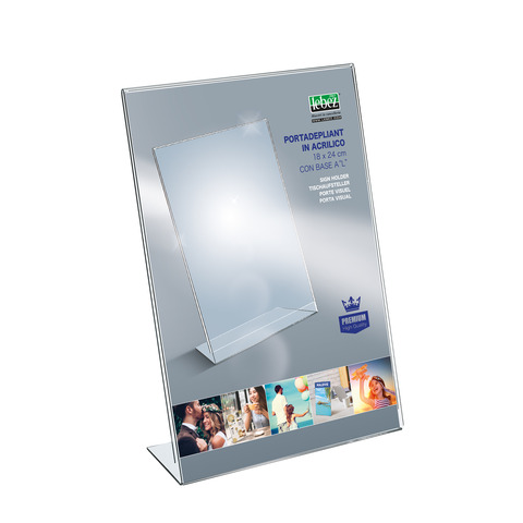 Portadepliant in acrilico con base a L Lebez formato 18×24 cm – verticale – trasparente – 7047