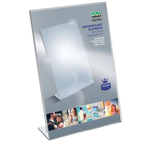 Portadepliant in acrilico con base a L Lebez formato 20×30 cm – verticale – trasparente – 7057