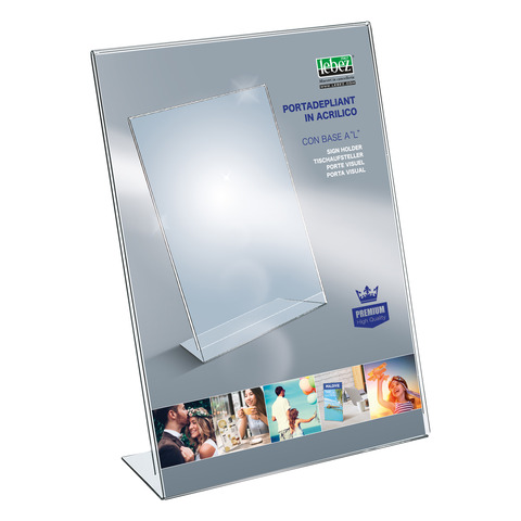 Portadepliant in acrilico con base a L Lebez formato 23×31 cm – verticale – trasparente – 7079