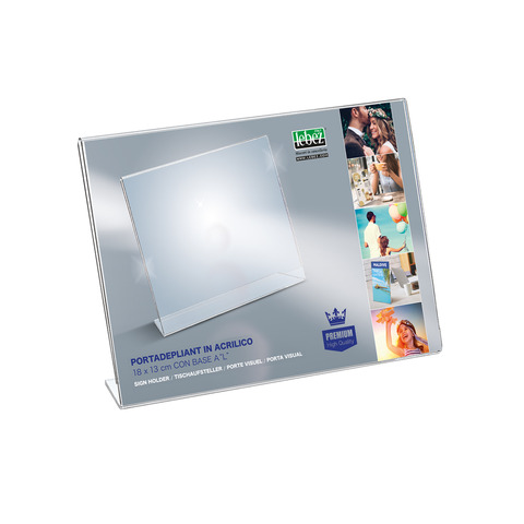 Portadepliant in acrilico con base a L Lebez formato 18×13 cm – orizzontale – trasparente – 7042