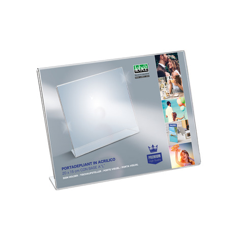 Portadepliant in acrilico con base a L Lebez formato 20×15 cm – orizzontale – trasparente – 7038