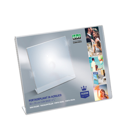 Portadepliant in acrilico con base a L Lebez formato 30×20 cm – orizzontale – trasparente – 7059