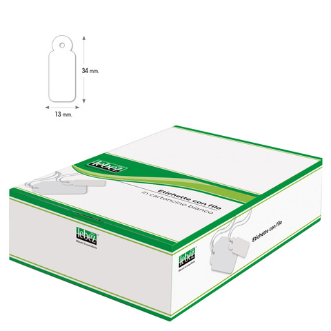 Etichette con filo in cartoncino bianco Lebez formato 13×34 mm – conf. 1000 pezzi – A386