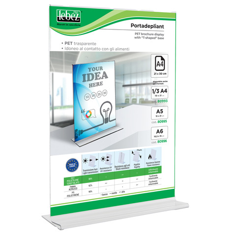 Portadepliant in PET Lebez con base a T formato A4 21x30cm – trasparente – 80994