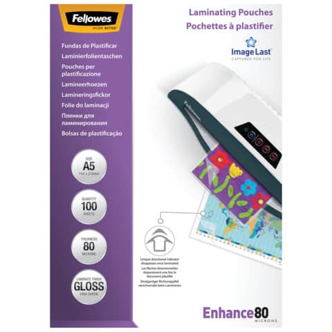 Pouches per plastificatrici Fellowes ImageLast Enhance80 finitura lucida – 2×80 µm – A5 – conf. 100 pezzi – 5306002